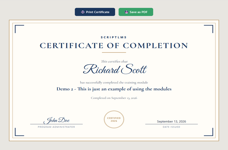 ScriptLMS training completion certificate ready to save or print